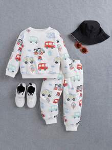 SHEIN 男小童汽車印花衛衣和衛褲&帽 - 白色 - 查看 1