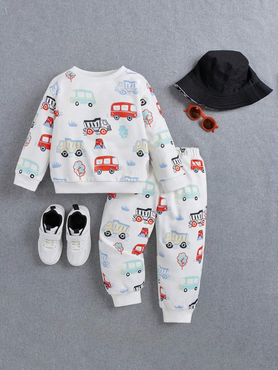 SHEIN 男小童汽車印花衛衣和衛褲&帽 - 白色 - 查看 1