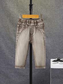 SHEIN 男孩斜口袋彈性腰帶牛仔褲 - 咖啡棕 - 查看 3