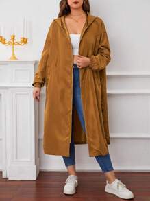 SHEIN Essnce 大碼標語圖案紐扣細節連帽防風夾克 - 棕色 - 查看 2