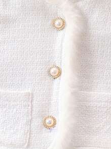 SHEIN Young Girl Fuzzy Trim Pocket Patched Button Up Tweed Jacket and Skirt