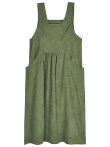 Váy len nhung kẻ màu trơn có túi cho nữ, mùa thu - Màu xanh lá cây đậm - Xem 4