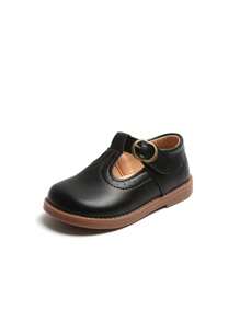 兒童休閒扣帶pu皮鞋,女童用帶閉合設計,潮流平底鞋(幼童) - 黑色 - 查看 2