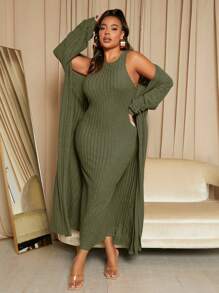 SHEIN SXY Plus Solid Tank Dress & Open Front Coat