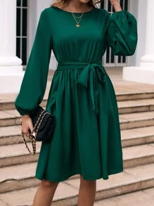 SHEIN Clasi 女款純色燈籠袖束腰帶連身裙 - 綠色 - 查看 1