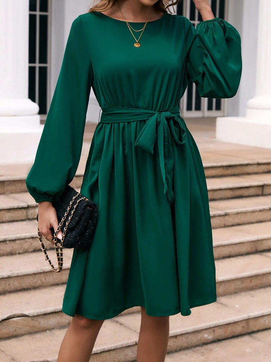 SHEIN Clasi 女款純色燈籠袖束腰帶連身裙 - 綠色 - 查看 1