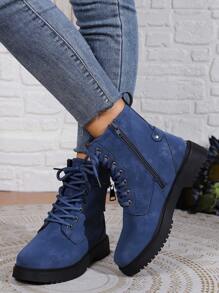 秋冬女士蓝色工装高帮英伦风靴子，适合四季，女靴 - 藍色 - 查看 5