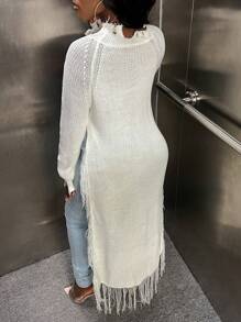 Slaydiva Fringe Hem Tay Raglan Hem cao thấp Áo len - trắng - Xem 2