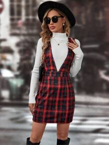 Chiquease 格紋深V領背帶洋裝無毛衣