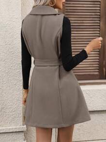 SHEIN Clasi Double Breasted Belted Vest Overcoat - Dark Grey - View 2