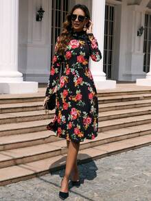 SHEIN Clasi Của phụ nữ Đứng cổ áo In hoa Đầm - Nhiều màu - Xem 4