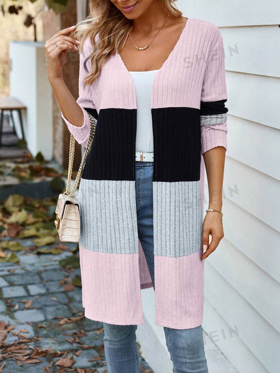 Color Block Open Front Cardigan, Casual Drop Shoulder Patched Pocket Long Sleeve Rib Knit Striped Cardigan, Women's Clothing