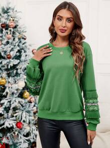 SHEIN Clasi Solid Drop Shoulder Floral Embroidery Detail Sweatshirt - Green - View 6