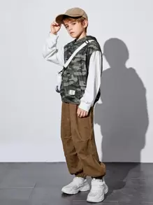 男大童迷彩印花連帽背心上衣和套頭衫和褲子 - 彩色 - 查看 1