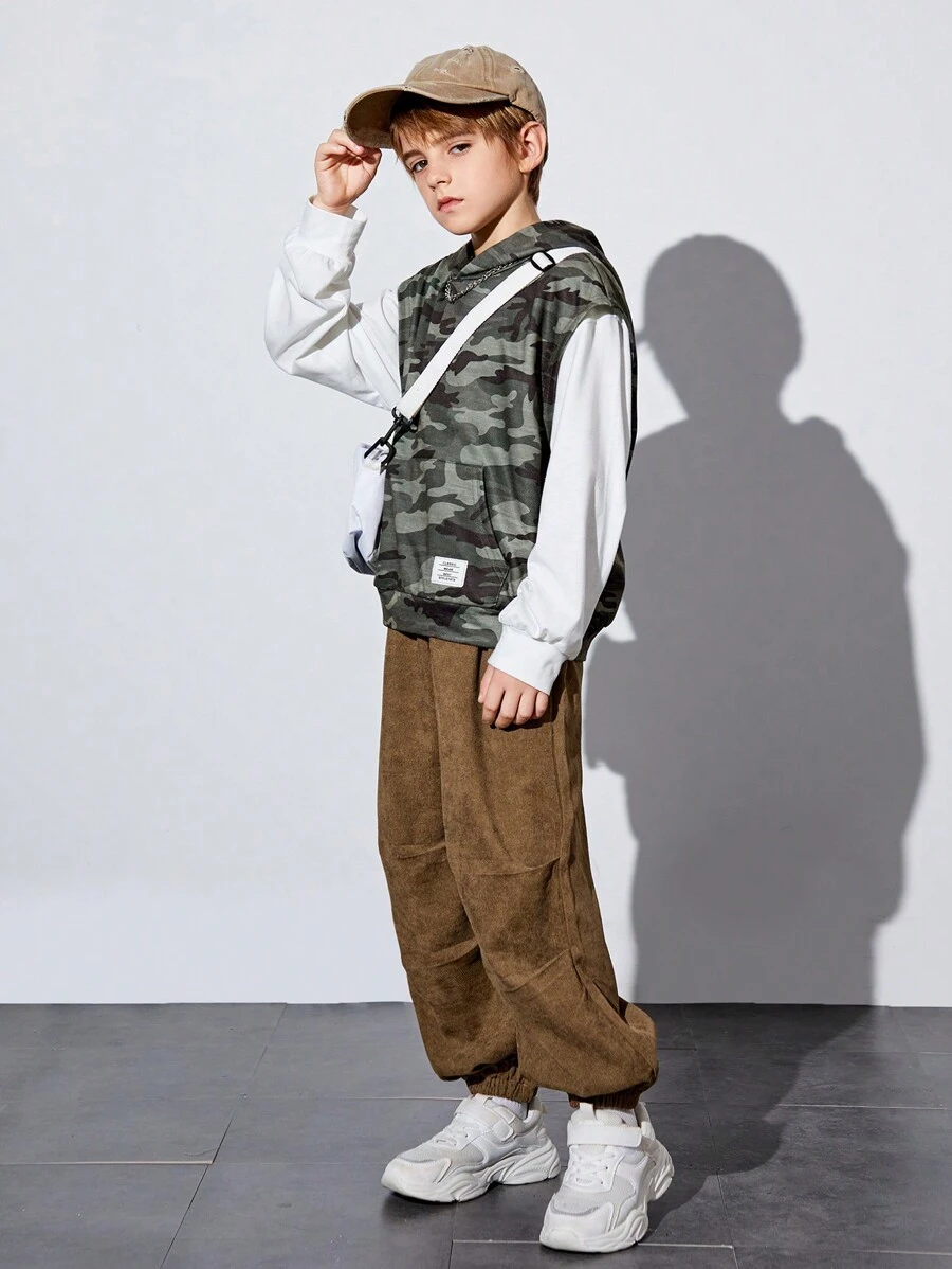 男大童迷彩印花連帽背心上衣和套頭衫和褲子 - 彩色 - 查看 1