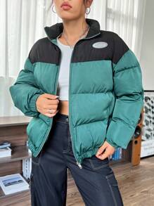 SHEIN EZwear Color Block Woven Padded Coat - Dark Green - View 4