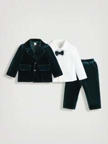 SHEIN Leap Crew Baby Boy Bow Front Shirt & Blazer & Pants, For Christmas - Dark Green - View 1