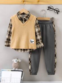 SHEIN 男小童字母貼布背心上衣&格紋襯衫&保暖長褲