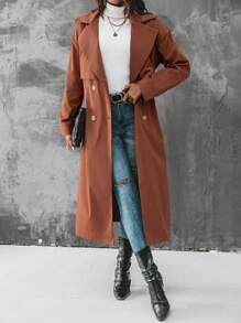 Chiquease Lapel Neck Double Breasted Belted Trench Coat - Brown - View 1