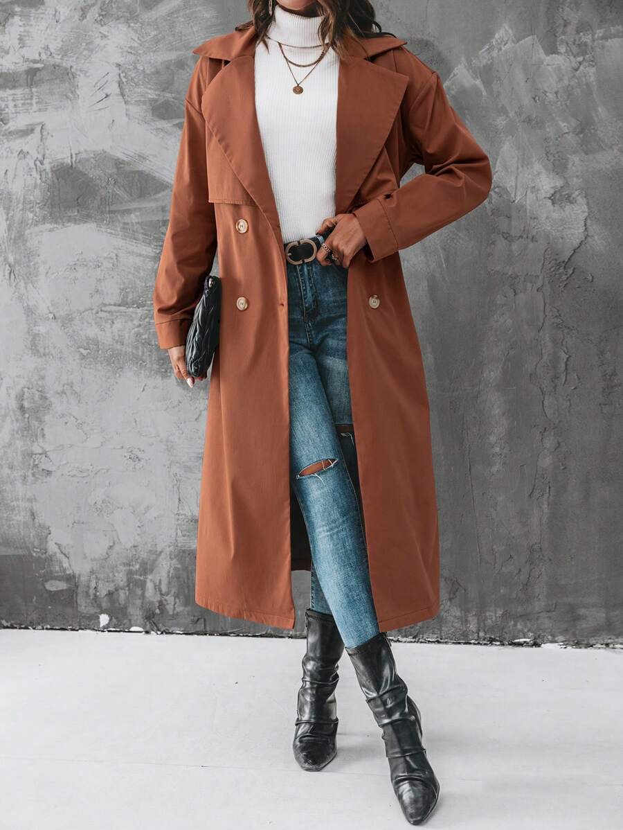 Chiquease Lapel Neck Double Breasted Belted Trench Coat - Brown - View 1