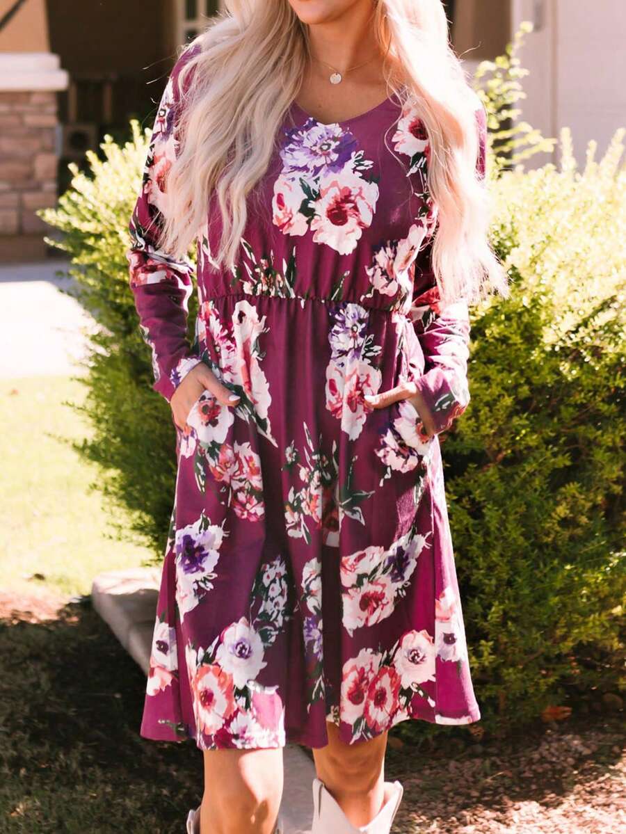 Floral Print Dual Pocket Dress - Hot Pink - View 1