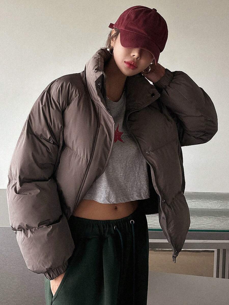 DAZY Áo khoác đệm tay raglan kéo khóa chắc chắn - Cà phê nâu - Xem 1