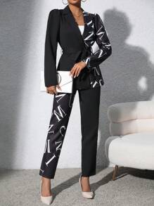 SHEIN Clasi 字母圖案西裝領西裝外套和褲子不附腰帶