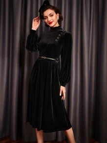 SHEIN DECDS 高領蘭花袖洋裝俱樂部女性套裝長洋裝帶袖子長黑裙復古服裝冬季連衣裙 - 黑色 - 查看 5