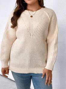 SHEIN LUNE Hơn Tay Raglan Đồ đan Ribbed Áo len - Màu be - Xem 4
