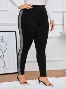 SHEIN Privé Plus Contrast Side Seam Leggings - Black - View 3