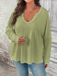 SHEIN LUNE 大碼缺口領落肩T恤 - 軍綠色 - 查看 5