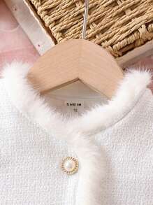 SHEIN Young Girl Fuzzy Trim Pocket Patched Button Up Tweed Jacket and Skirt