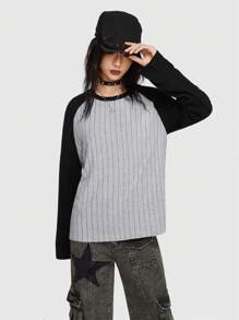 ROMWE Grunge Punk Camiseta de color combinado de manga raglán - Gris - Ver 4