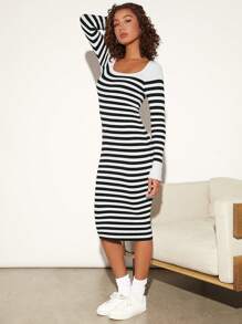 SHEIN BASICS Striped Pattern Square Neck Sweater Dress - Multicolor - View 3