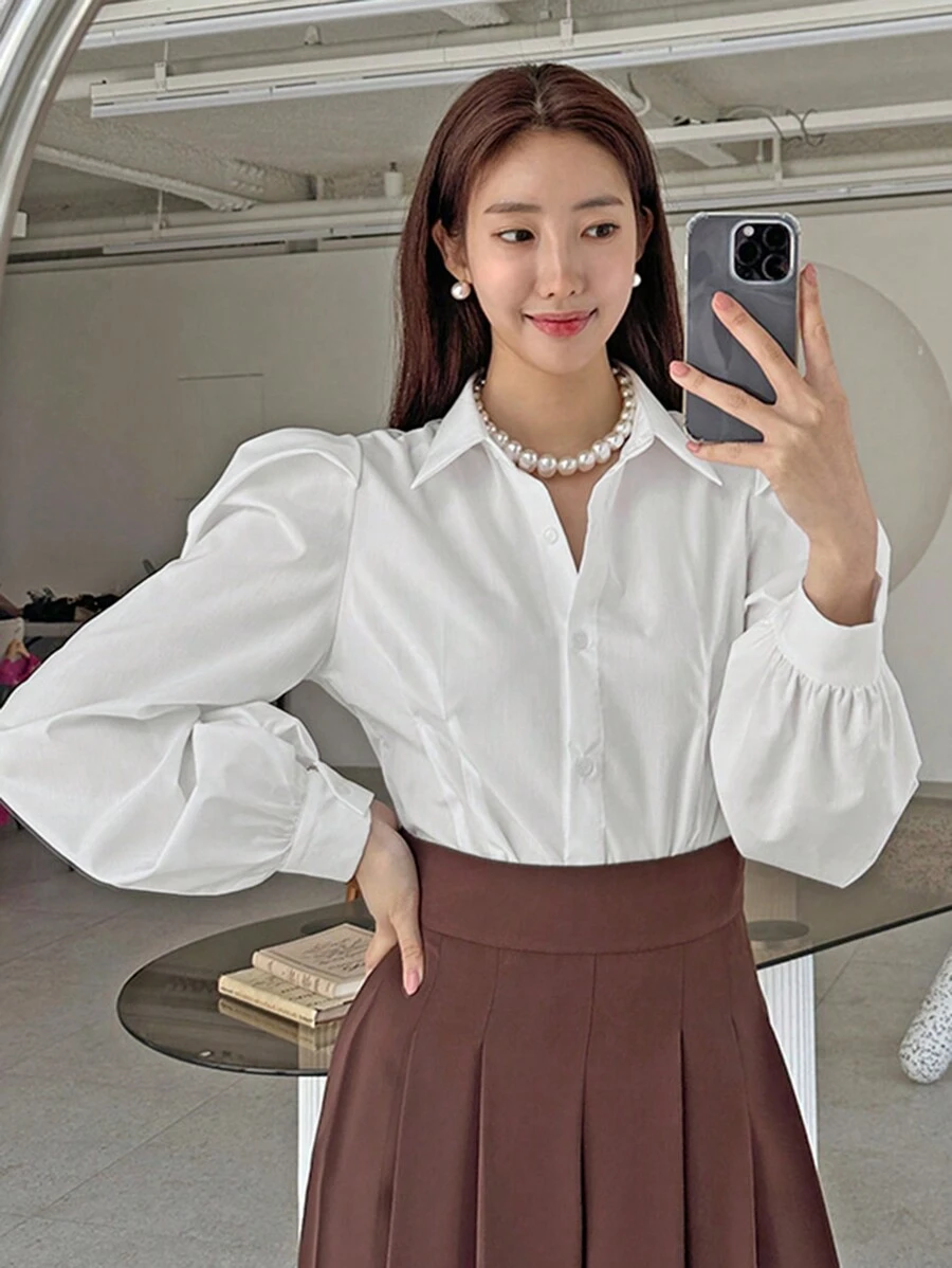 DAZY Solid Button Front Puff Sleeve Shirt,Long Sleeve Tops - White - View 1