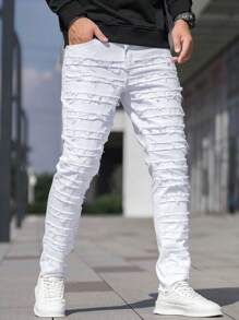 Manfinity Homme Nam Chất rắn Rách Frayed Quần jean ôm - trắng - Xem 3