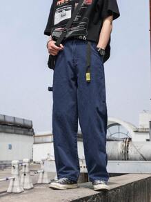 Manfinity Men Slant Pocket Straight Leg Jeans Without Belt - Dark Wash - View 1