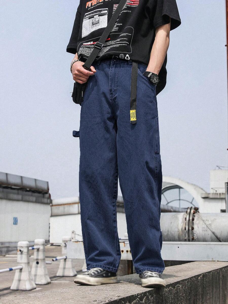 Manfinity Men Slant Pocket Straight Leg Jeans Without Belt - Dark Wash - View 1