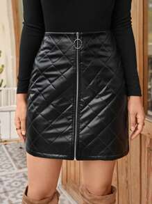 SHEIN Frenchy Zip Up Quilted Skirt Winter Elegant Black - Black - View 3