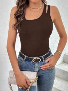 SHEIN Essnce Cut Out Asymmetrical Neck Top - Coffee Brown - View 1