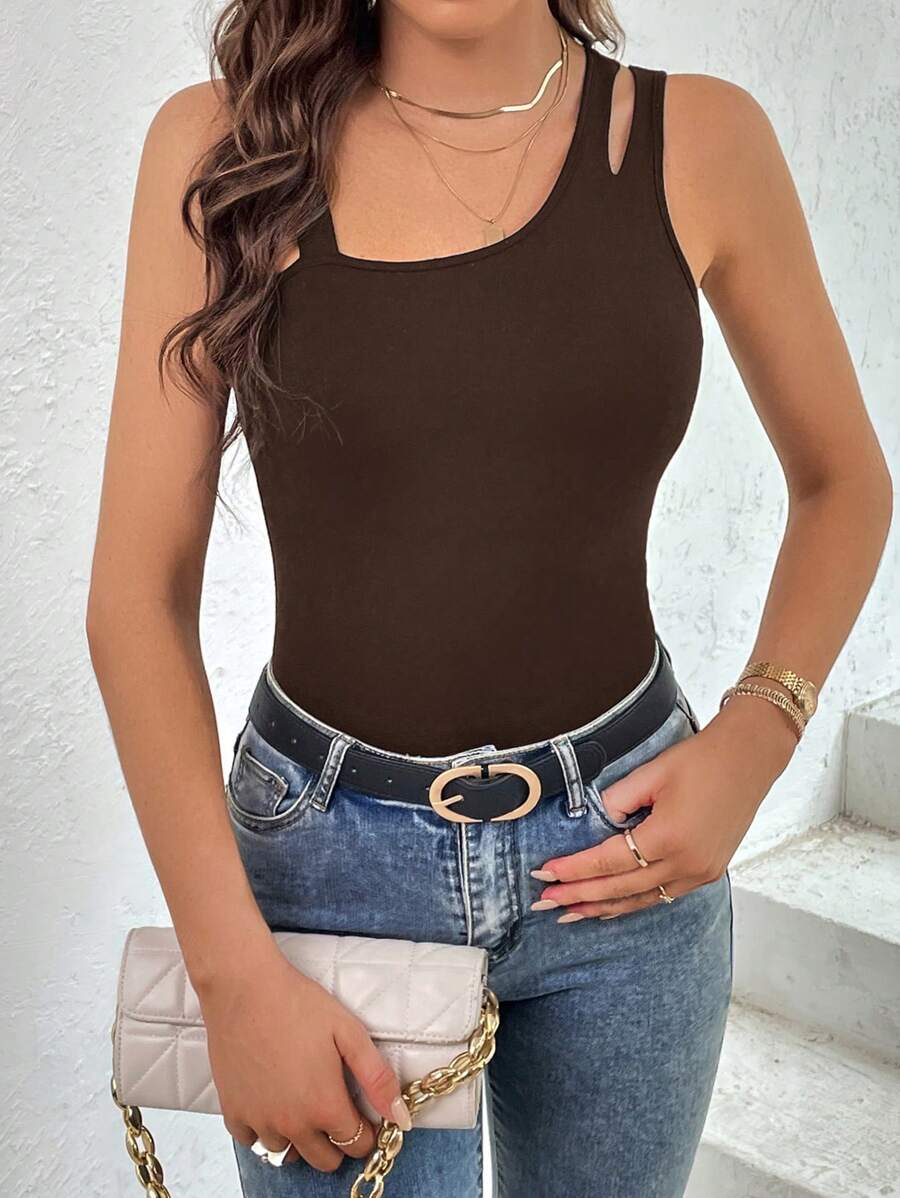 SHEIN Essnce Cut Out Asymmetrical Neck Top - Coffee Brown - View 1