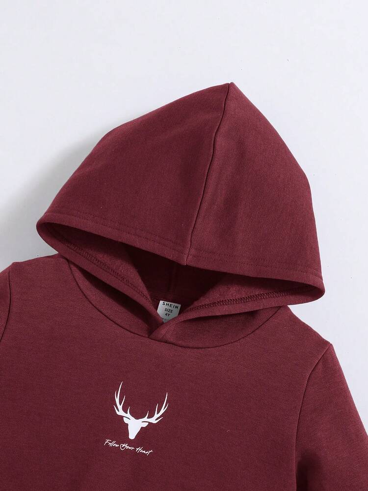 SHEIN 小男孩鹿角和标语图案卫衣 - 酒紅色 - 查看 5