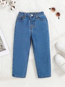 SHEIN 女孩蝴蝶圖案直筒牛仔褲 - 中等水洗藍 - 查看 3