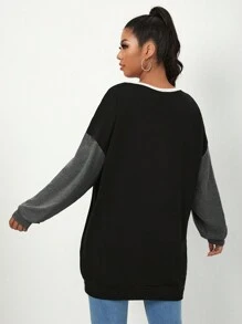 SHEIN Essnce 大碼撞色落肩袖運動衫 - 深灰色 - 查看 2