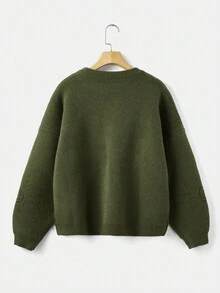 ROMWE Hippie 大碼星星&太陽圖案落肩袖套頭毛衣 - 軍綠色 - 查看 2