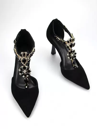 Scarpe con tacco alto e punta affusolata  nero con catena decorativa in strass, eleganti e sexy, adatte per feste e occasioni speciali