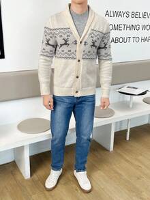 GENTILAND 男士聖誕圖案前紐扣開襟衫 - 米色 - 查看 4