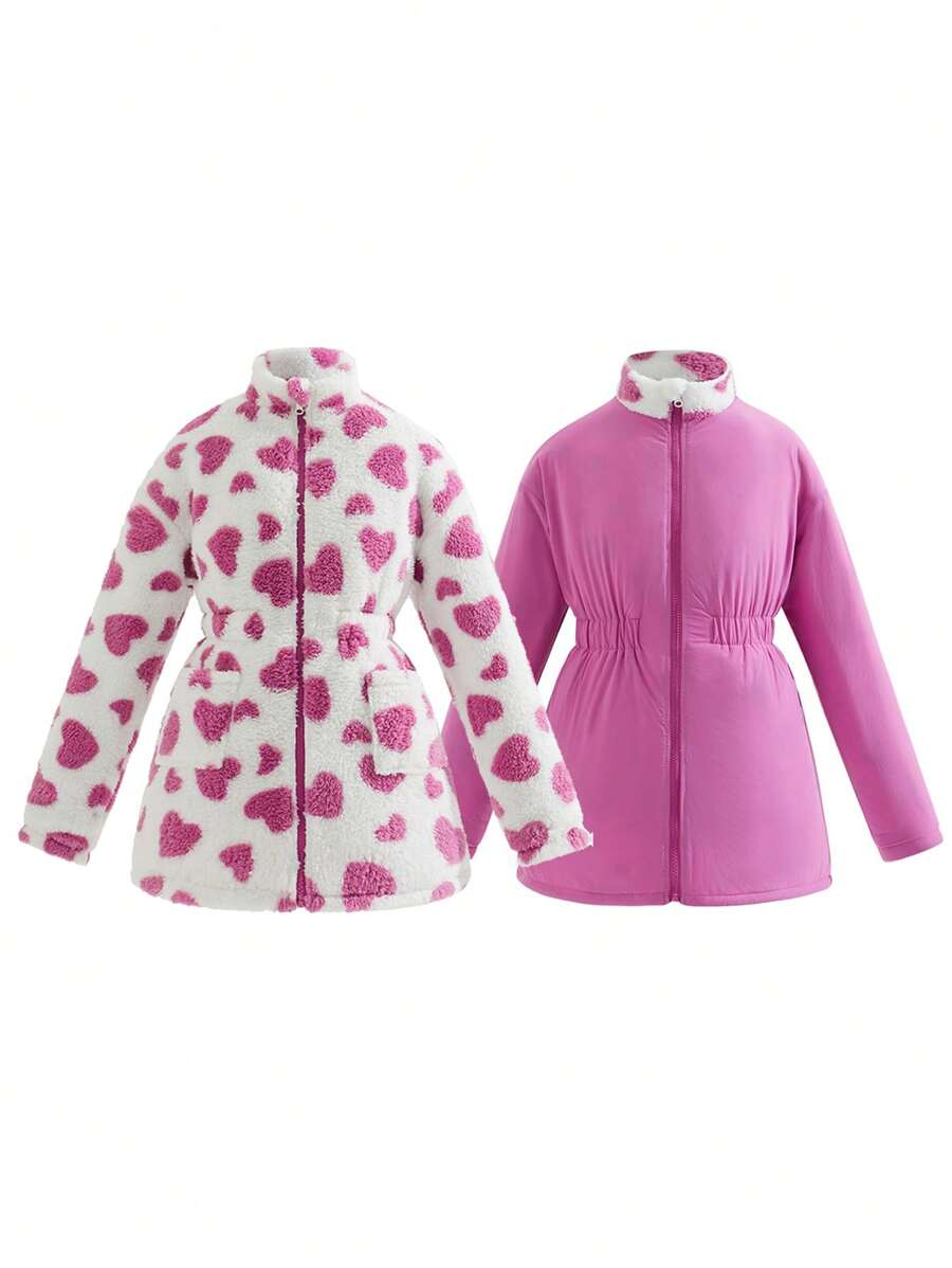 Teen Girl 1pc Heart Print Drop Shoulder Elastic Waist Reversible Coat - Multicolor - View 1