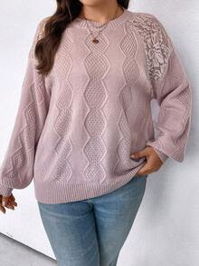 SHEIN Clasi 大碼蕾絲拼接插肩袖套頭毛衣 - 藕粉色 - 查看 6