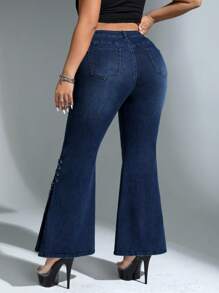 SHEIN ICON 大碼側邊綁帶牛仔喇叭褲 - 藍色 - 查看 2